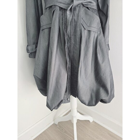 Samuel Dong Gray Metallic Taffeta Collared Bubble Hem Zip Trench Jacket Coat XL - Picture 6 of 14